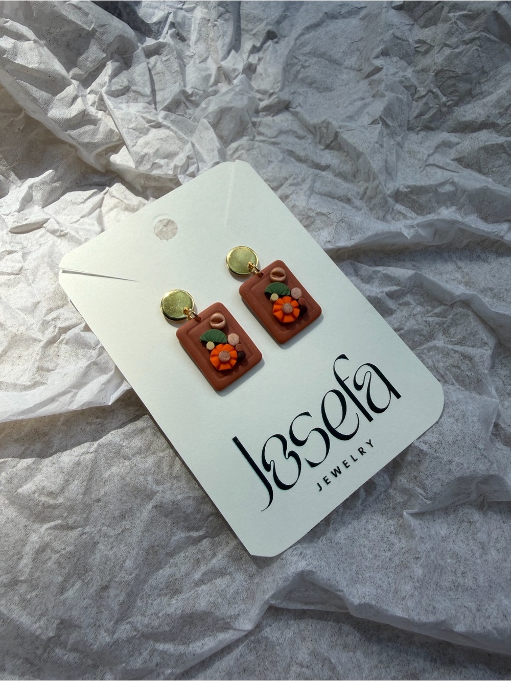 Kids Brown Clay Flower Drop Earrings with Orange Accents